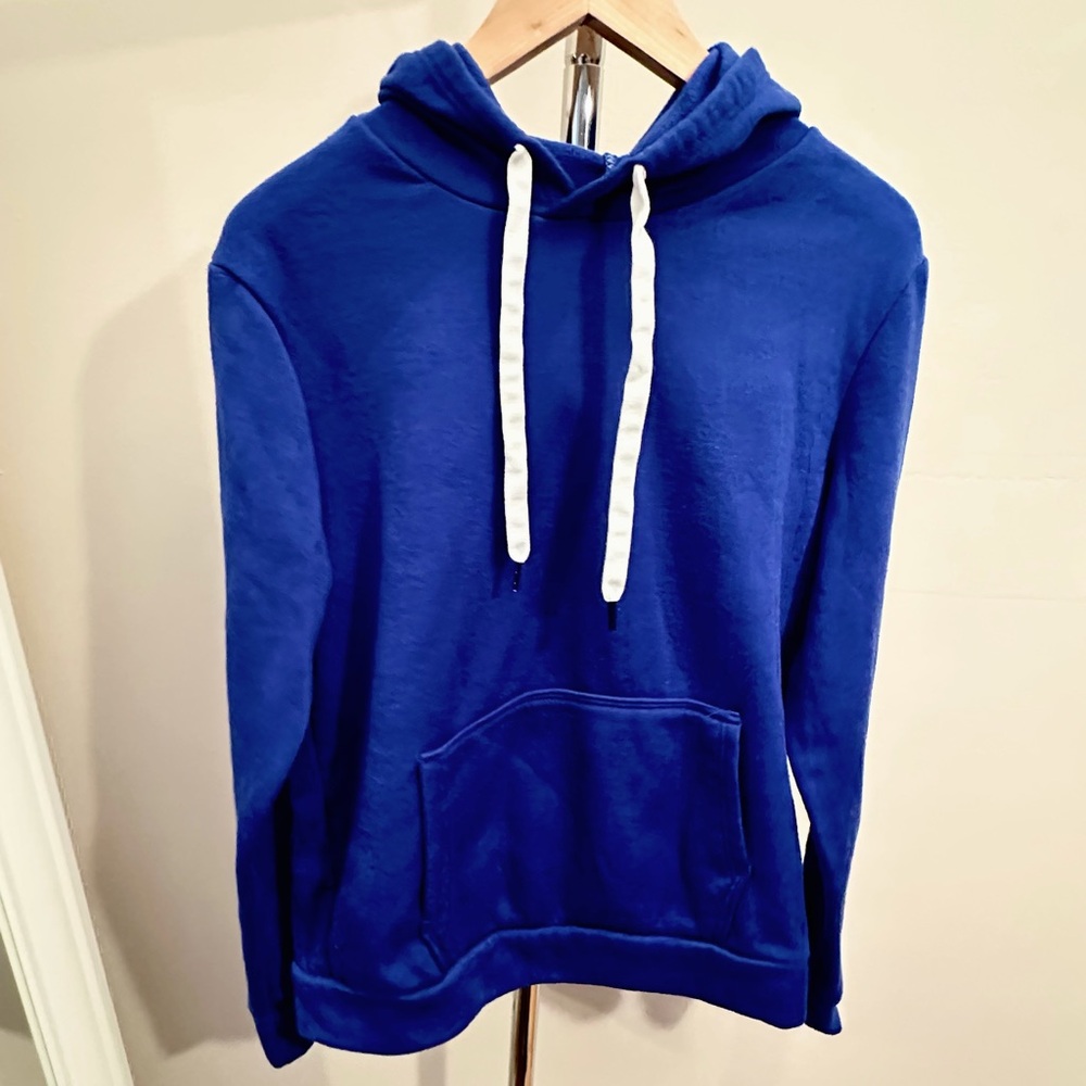 Blue Hoodie with White Drawstrings